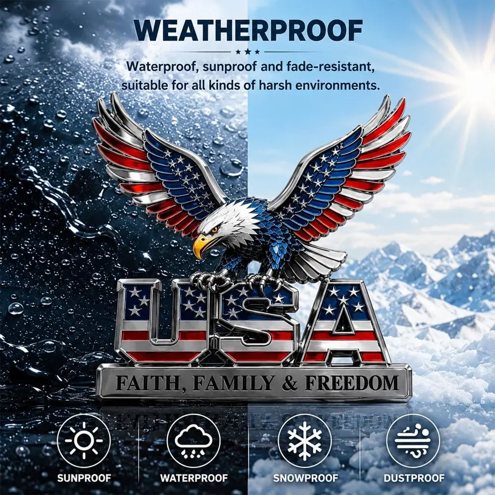 3D Raised Metal Design USA Faith Family Emblem American Eagle & US Flag Pattern Faith Family Freedom Slogan Auto Badge