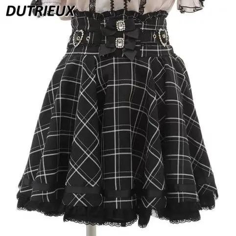 Japanese Mine Skirts Female Kawaii Lolita Girl Sweet Cute Bow Lotus Leaf Short Skirt Autumn New Lace Patchwork Pleated Skirt