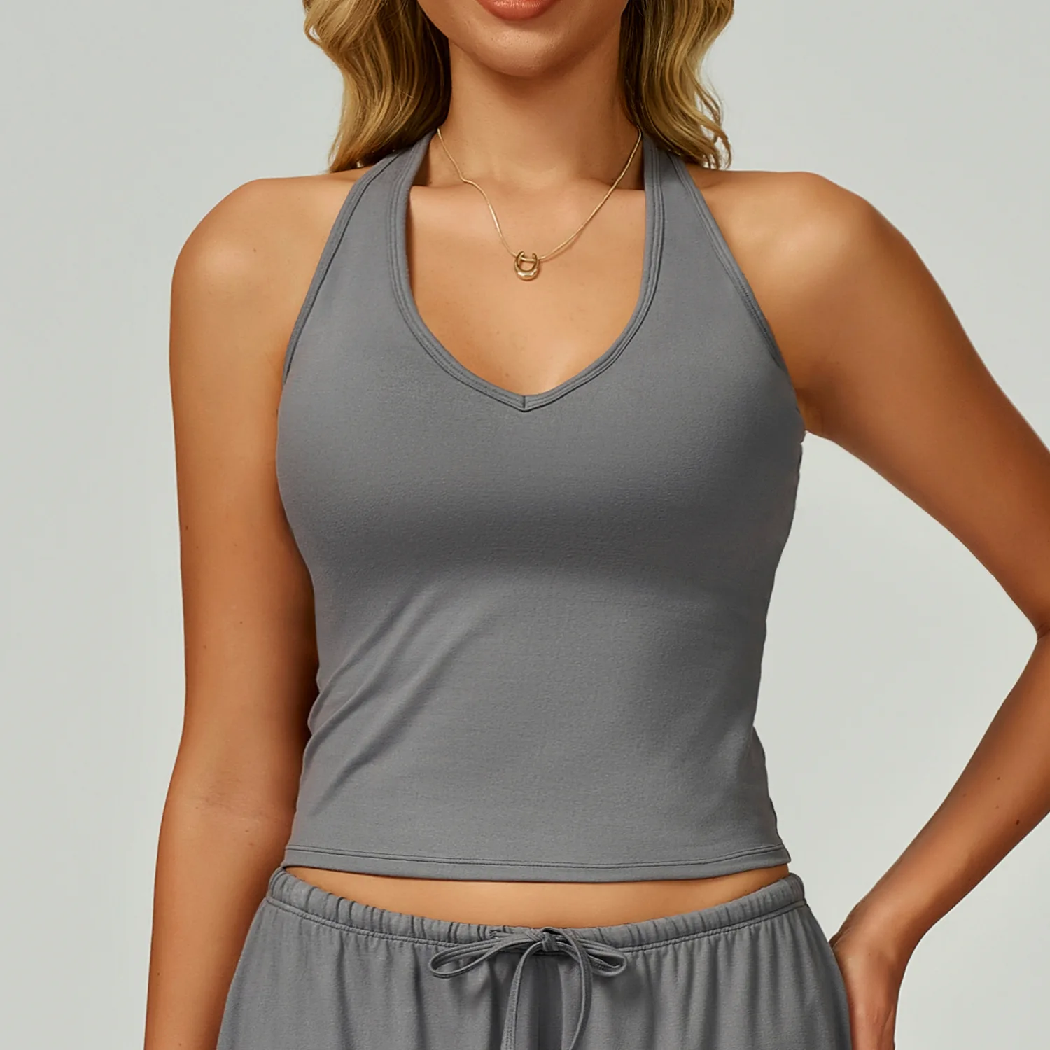 Women's Yoga Top Fitness Vest Running Workout Gym Tank Push Up Padded Bra V Neck Halter Backless Underwear Slim Solid Stretchy 6