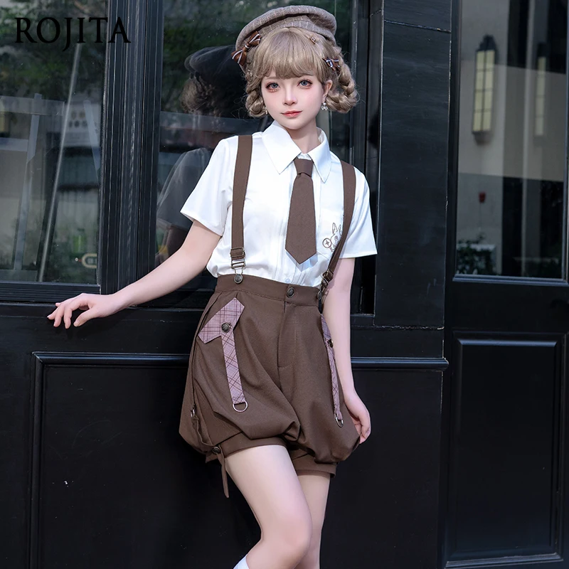 

Olita Shirt Short Sleeve Overalls Prince Costume Summer New Vest + Short Sleeve Shirt with Tie + Overalls Three-Piece Sets Women