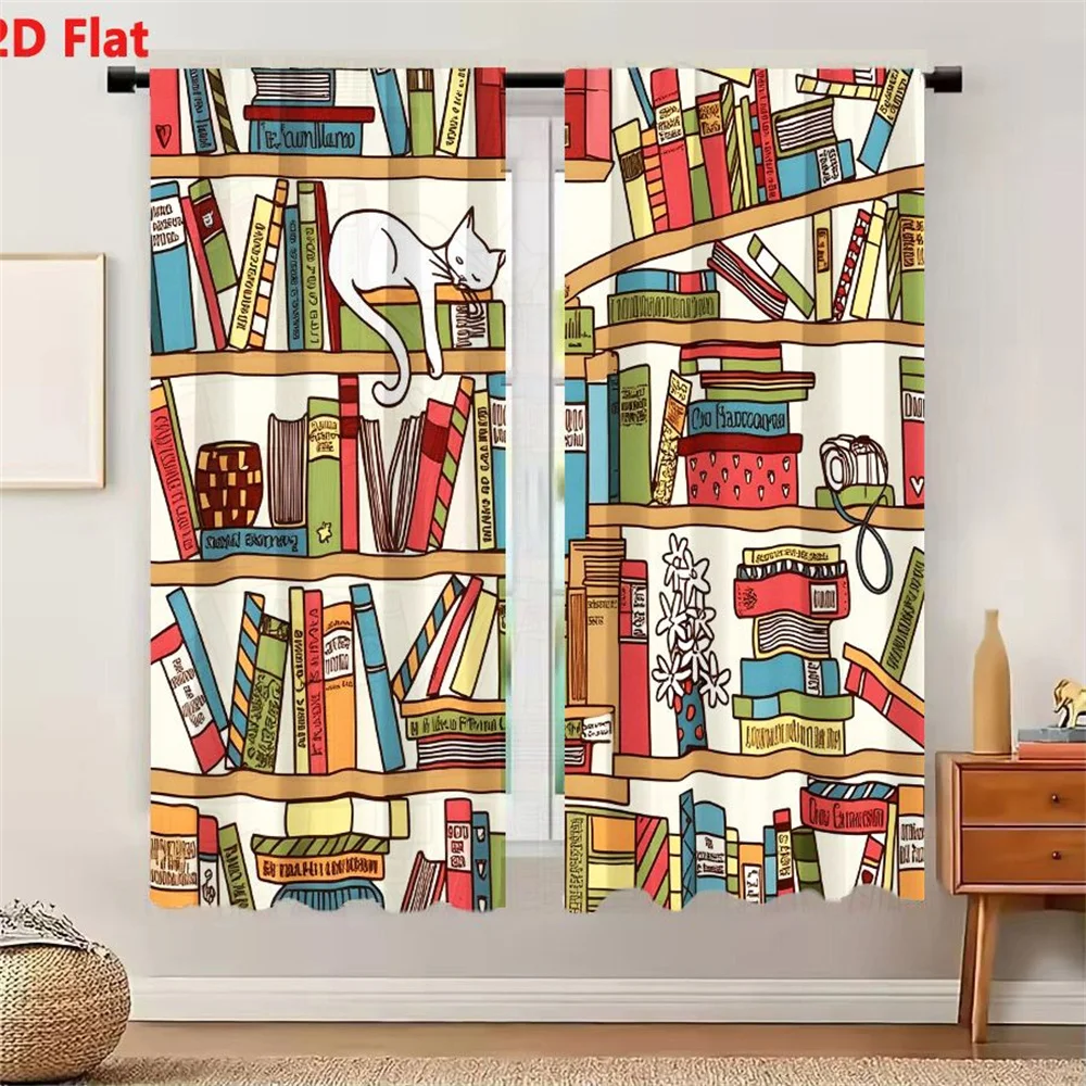2Pcs Curtains Whimsical Bookshelf With White Cat And Colorful Books Window Drapes for Bedroom Room Decor Decoration Window Treat