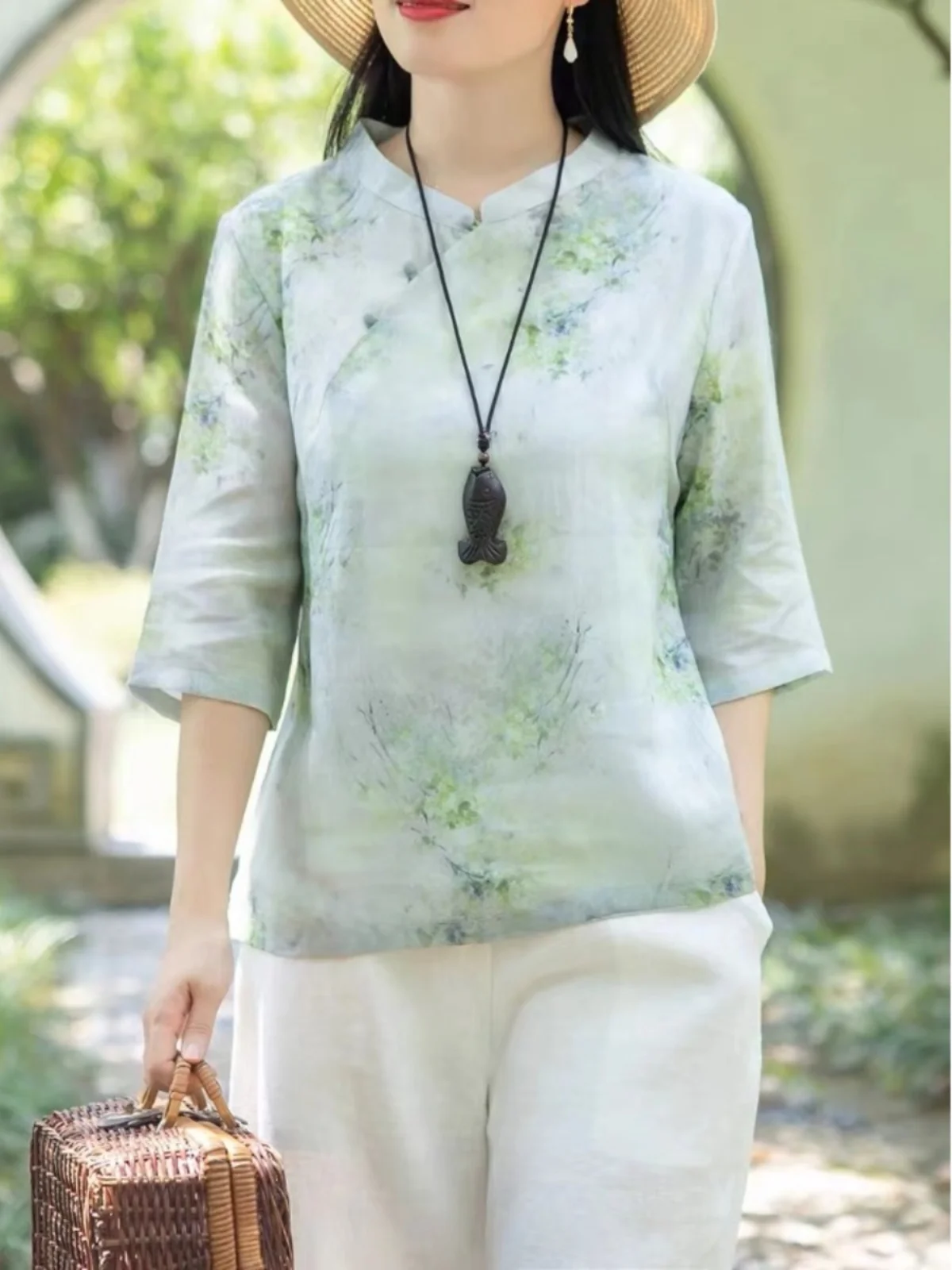

New Chinese Zen Style Cotton Linen Short Sleeve Shirt Women Summer Retro National Print Button Stand Collar Linen Overhead Top