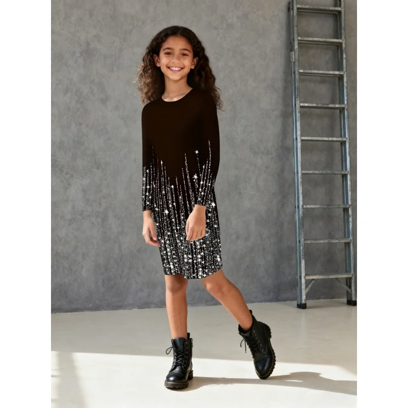 2025Girls Long Sleeve Dress - Colorful Geometric Print Flowy Sundress for Kids, Casual Boho Style Everyday & Party Dress