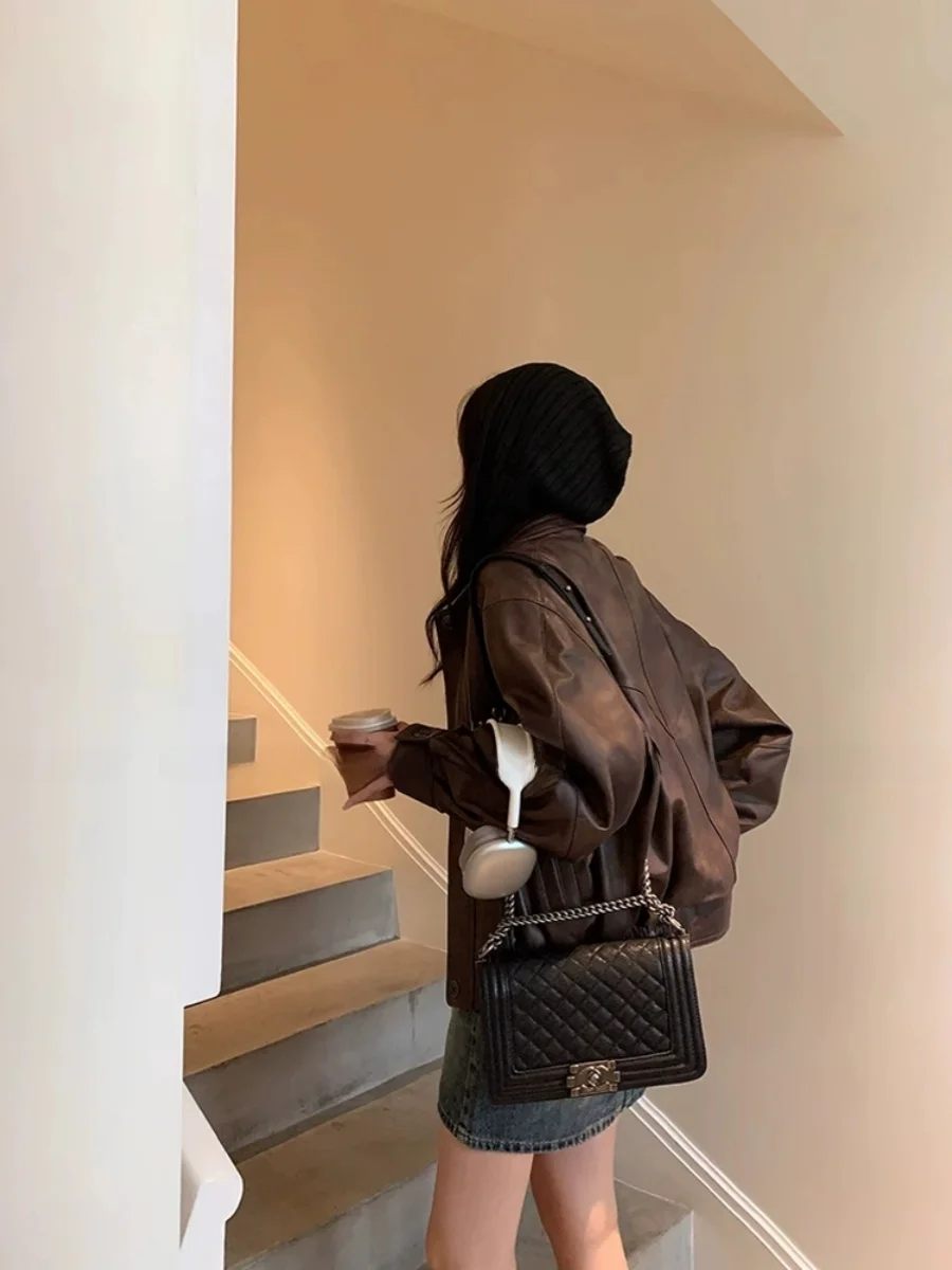 

Retro 2025 Spring Autumn New Style Genuine Sheepskin Leather Jacket Vintage Coat Outerwear Long Sleeve Zipper Closure Commute...