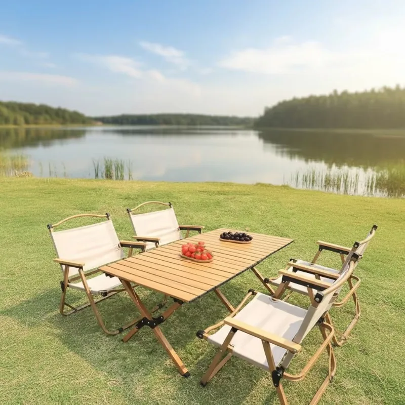 

2026 Modern Weather-Resistant Foldable Aluminum Frame Garden Set Wooden-Look Table Beige Canvas Chairs For Outdoor Dining