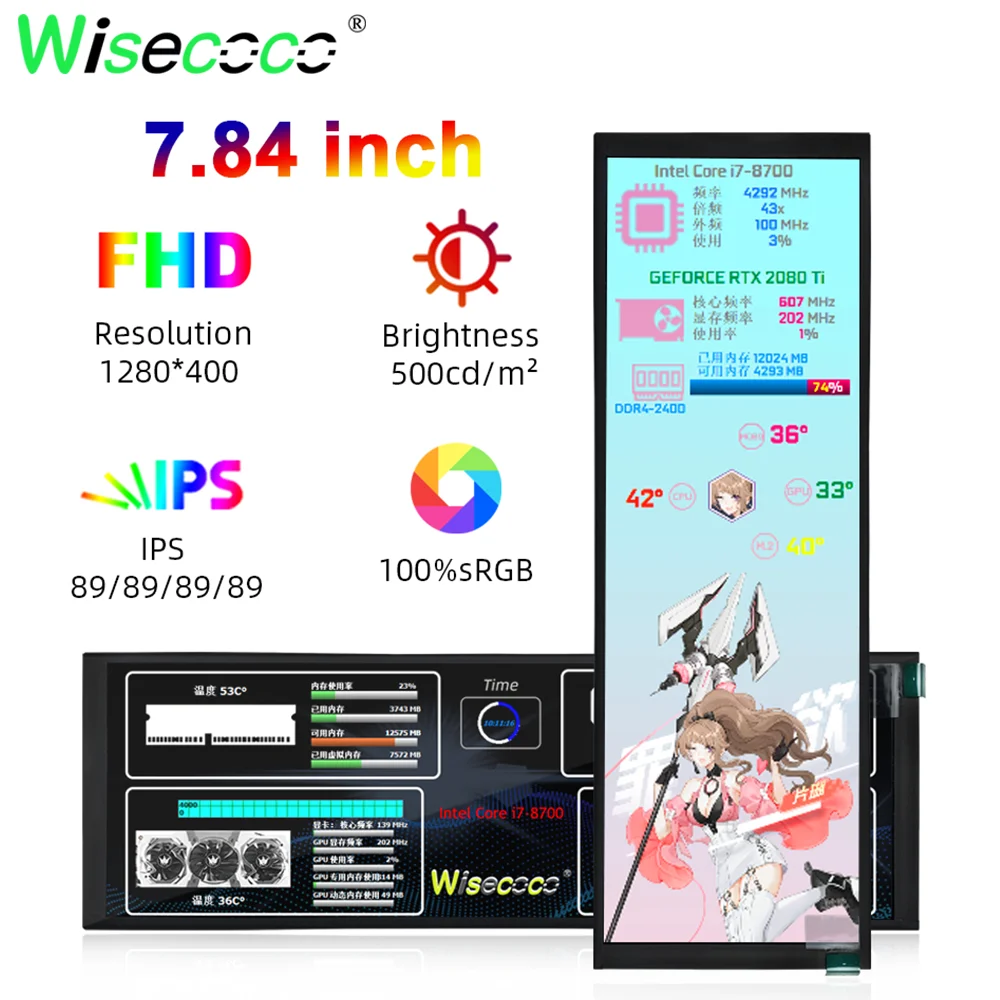 Wisecoco Stretched Bar Display 1280x400 7.84 Inch Aida 64 Panel Win 10 11 Secondary Display USB-C Controller Board