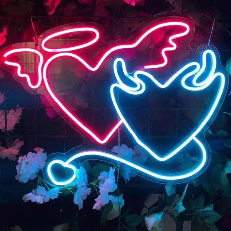 Angel and Devil Neon Sign Light Heart LED Illuminated Light Wall Hanging Decor for Valentine's Day Gift Wedding Decoration Room