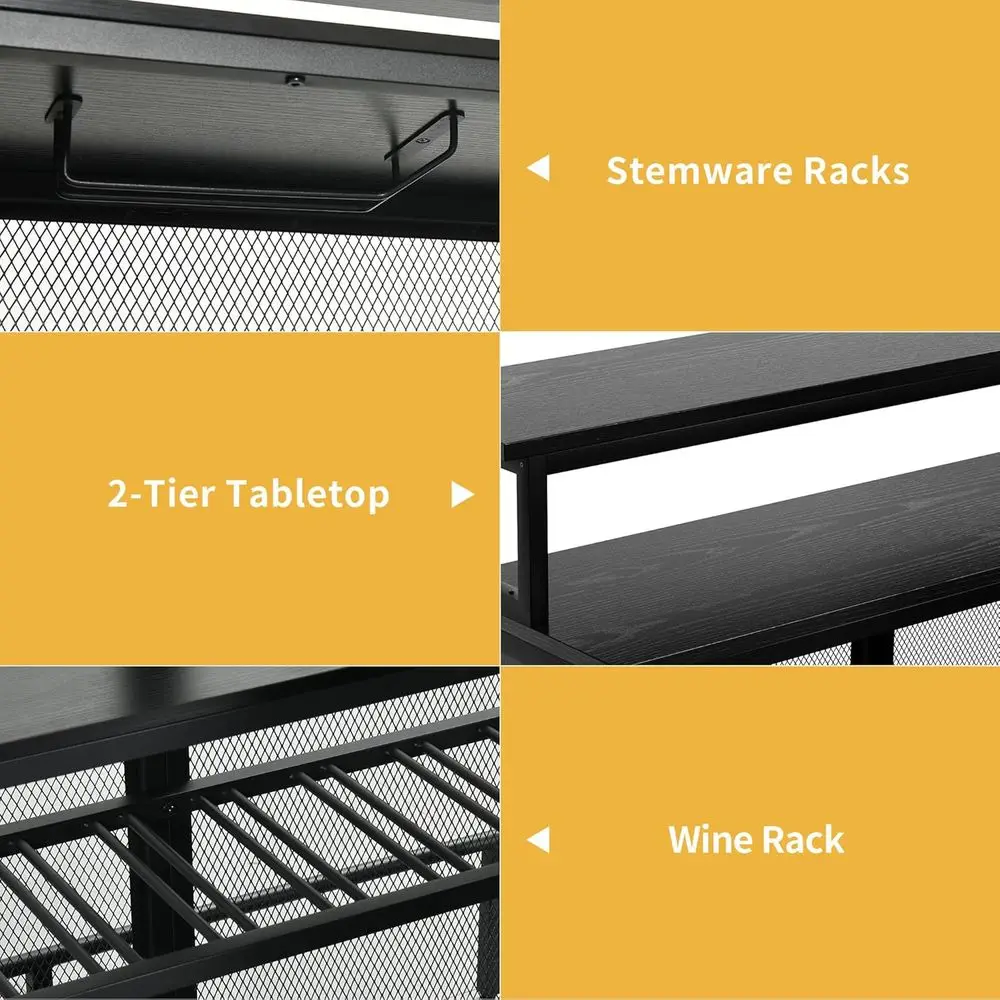 Unità bar a forma di L controllata a LED con tavolo per liquori a 4 livelli, portabottiglie, contenitore e portabicchiere per cucina pub in nero