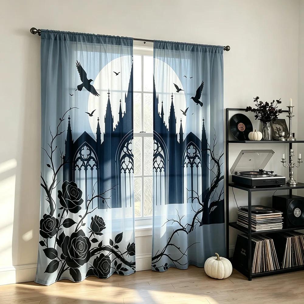 2PCS Gothic Sheer Curtains, Dark Castle Black Rose Crow Silhouette, Victorian Window Drapes for Gothic Bedroom Living Room Home