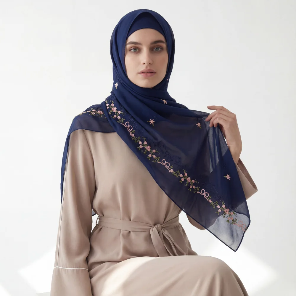 

Fashion Floral Embroidery Chiffon Hijab Turban Muslim Women Headscarf Malaysia Head Wrap Luxury Islamic Ramadan 70*175cm Mujer