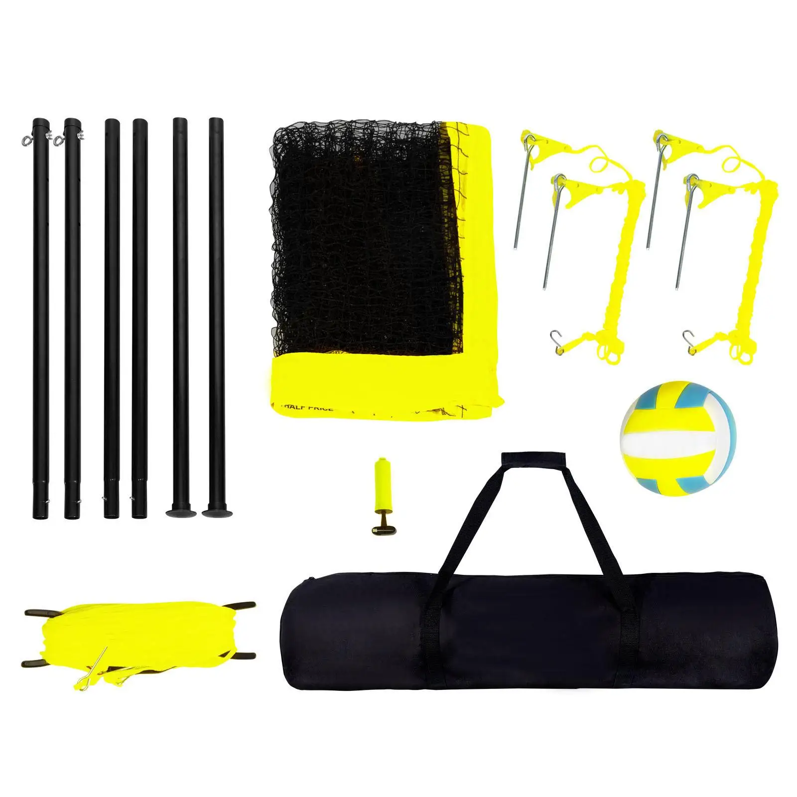 Portable Volleyball Net Set Adjustable Height Steel Poles Heavy Duty Outdoor Volleyball Equipment with PVC Volleyball Pump and Carry Bag