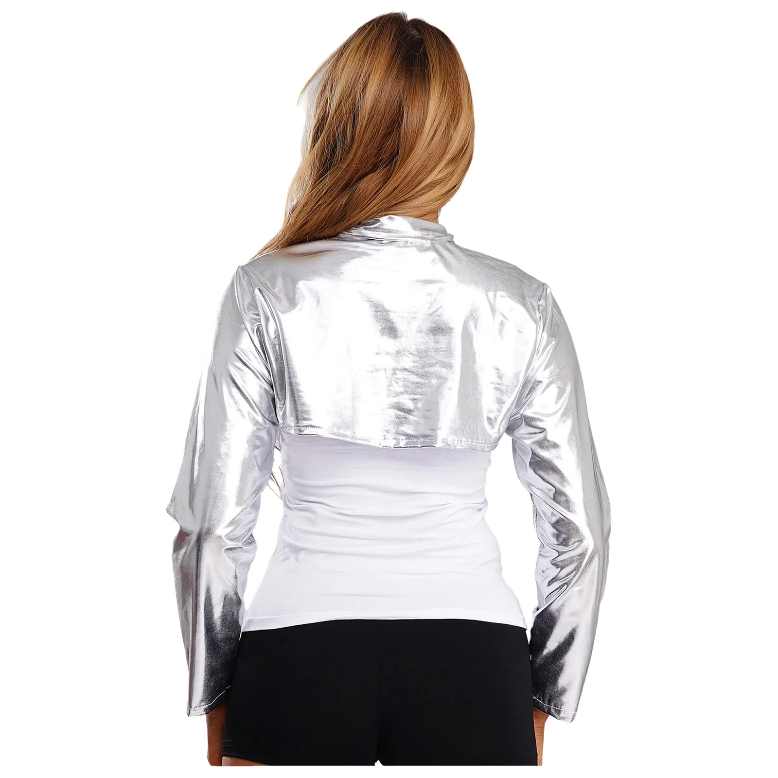 Womens Disco Party Dance Crop Top with Oversleeves/Brooch Holographic Metallic Pullover T-shirt Top for Rock Music Festival Wear