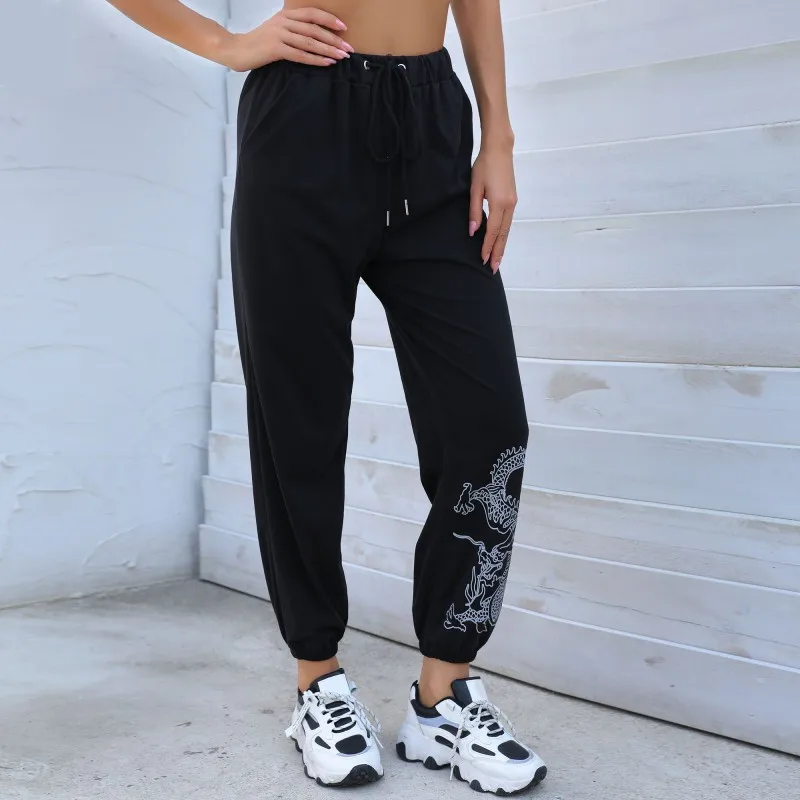 Fashion Chinese Dragon Printed Pencil Pants Women Black Drawstring Mid-Waist Ankle-Length Pants Street Casual Commute Trousers