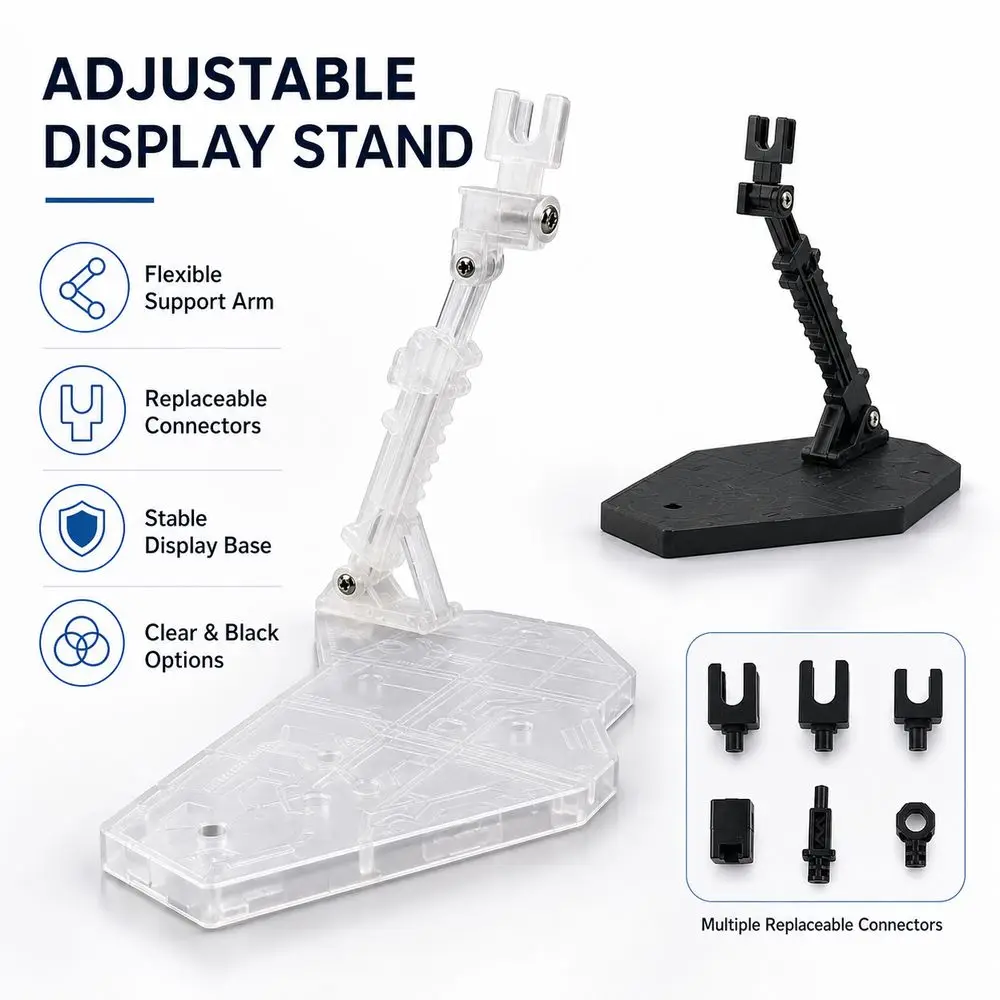 Plastic Action Figure Stand Adjustable Arm Flexible Support Figure Display Stand Replaceable Connectors Clear Base