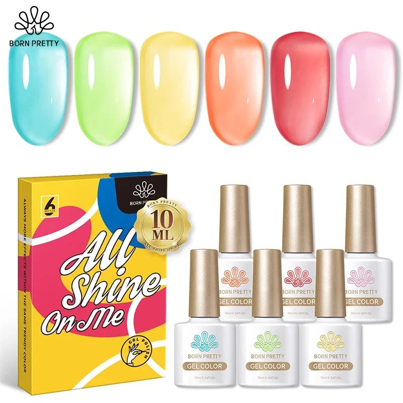 BORN PRETTY 10ml SeaGlass Jelly Transparent Nail Gel Polish Set 6 Bottles Crystal Pink Red Green Color Soak Off Gel Nail Polish