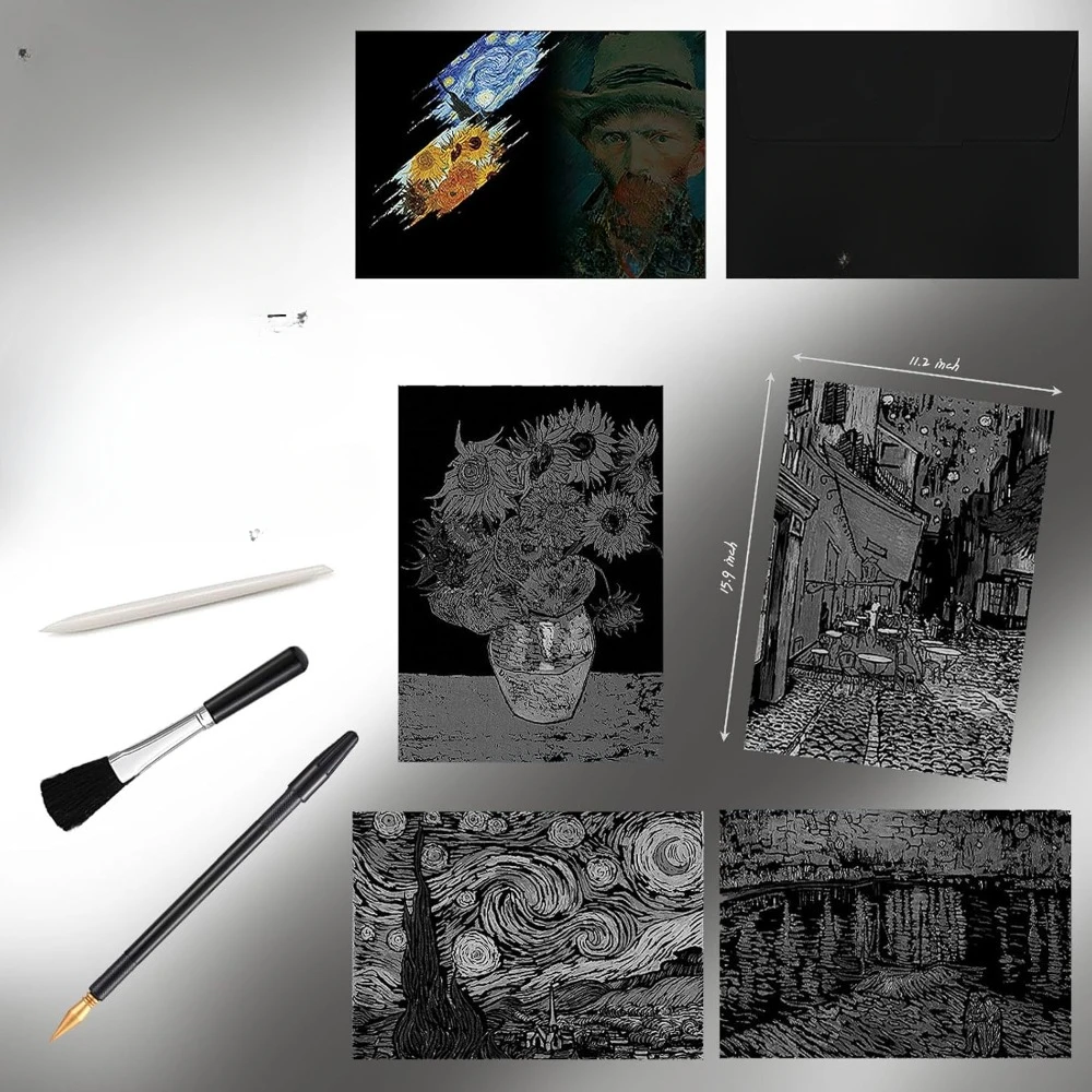 Четыре резных изделия ручной работы Ван Гога, эскизные открытки своими руками, дети и взрослые, терраса в ночное кафе, подсолнухи