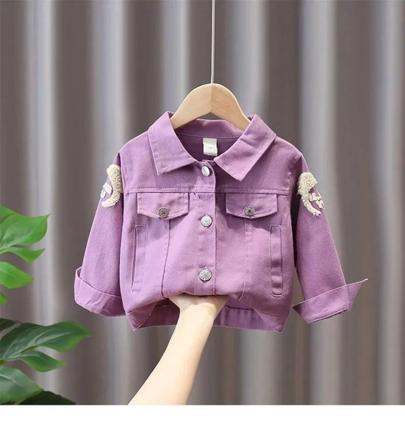 Spring Autumn Baby Girls Denim Jacket Children\'s Cartoon Letter Pattern Top Fashion Pink Cowboys Cardigan Kids Casual Coats 1-7Y