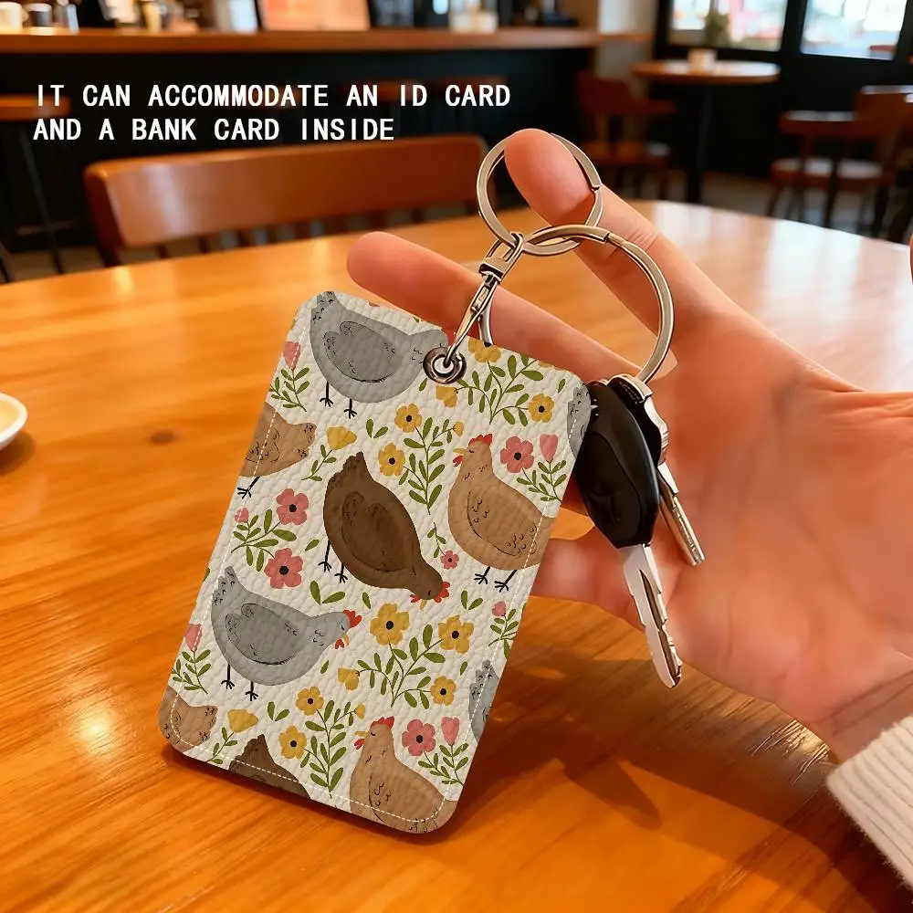 Cute Chicken Flower Pattern Keyring Leather Access Card Holder Keychain Community Proximity Card Protective Case
