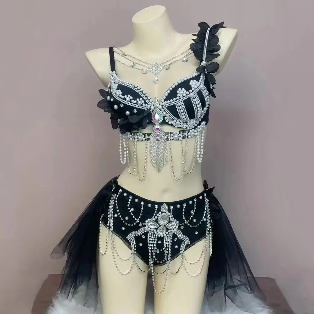 Women's Sexy Floral Diamond Bikini Rave Outfit Electric Syllable DJ Singer Dancer Stage Performance Costume for Party Birthday