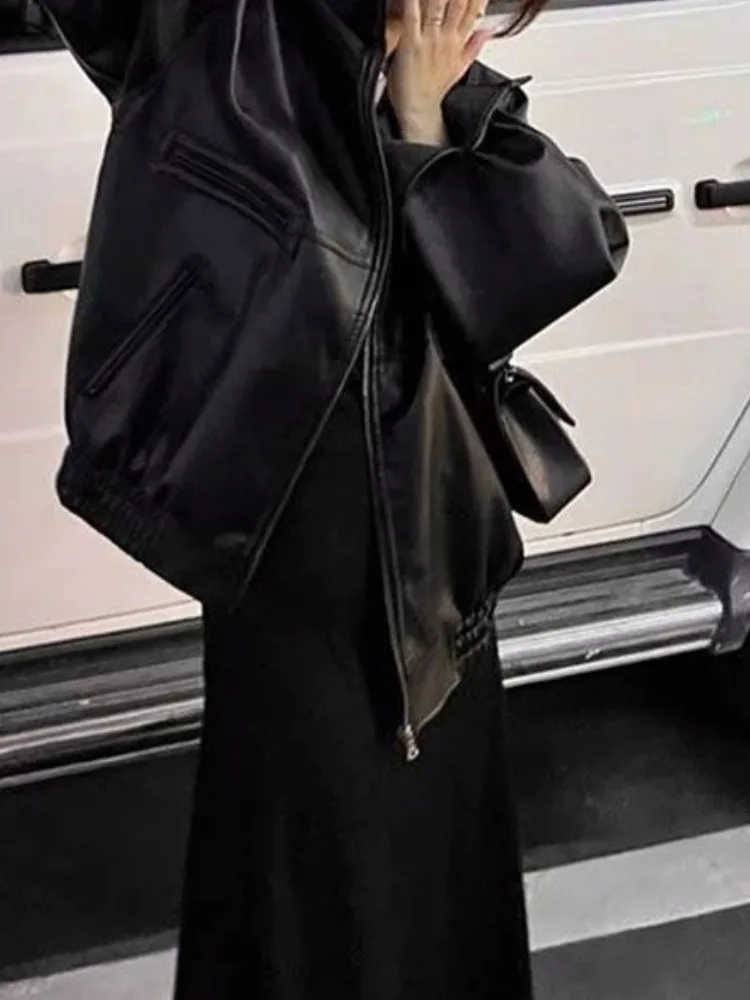 Czarna Luźna Kurtka Skórzana PU Damska Motocyklowa Kurtka Skórzana na Zamek Damska Koreańska Kurtka Skórzana w Stylu High Street Jesień 2025