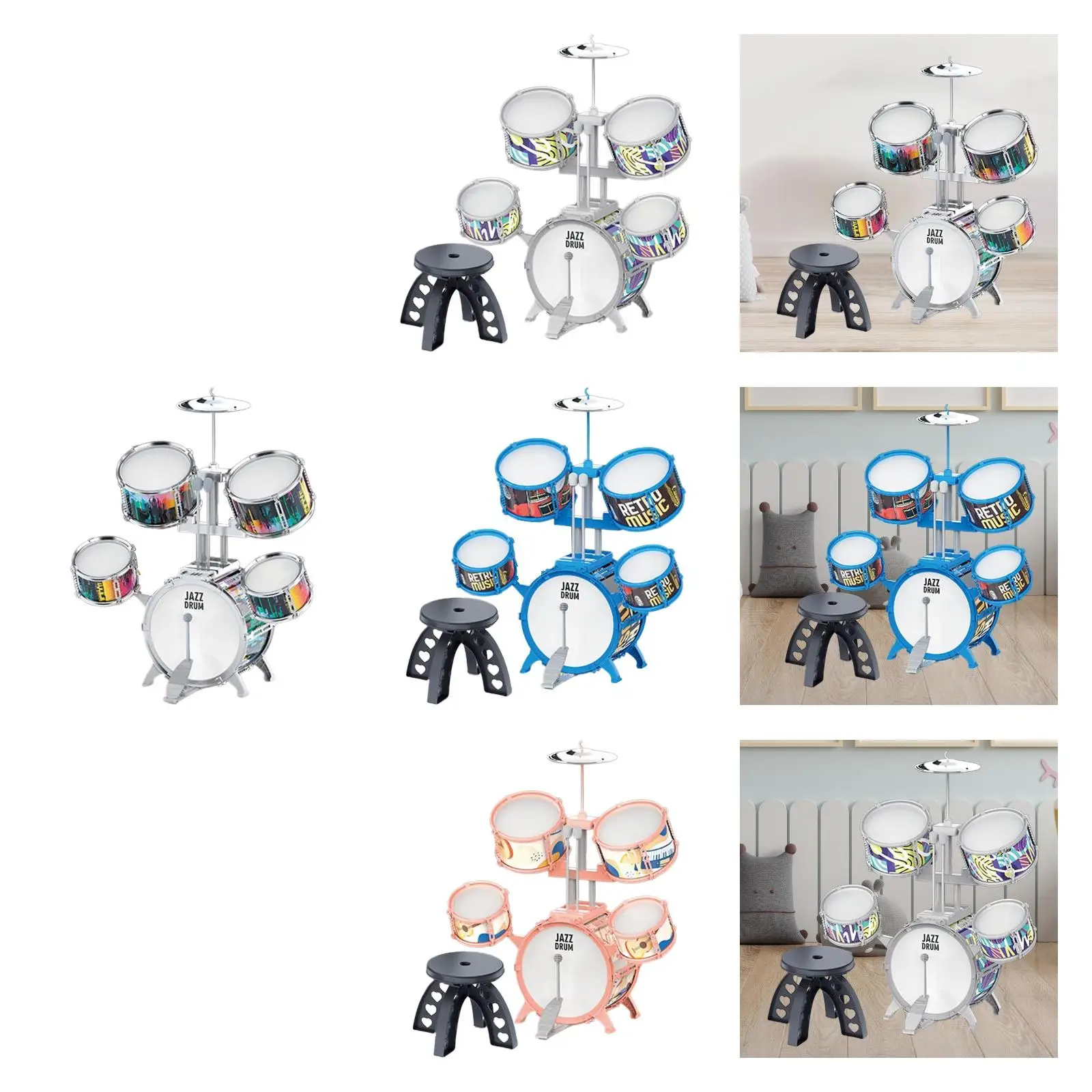 

Kids Drum Set PVC Educational Toy Sensory Toy Includes Drumsticks Stool Music Enlightenment for Children Day Boys Girls Concert