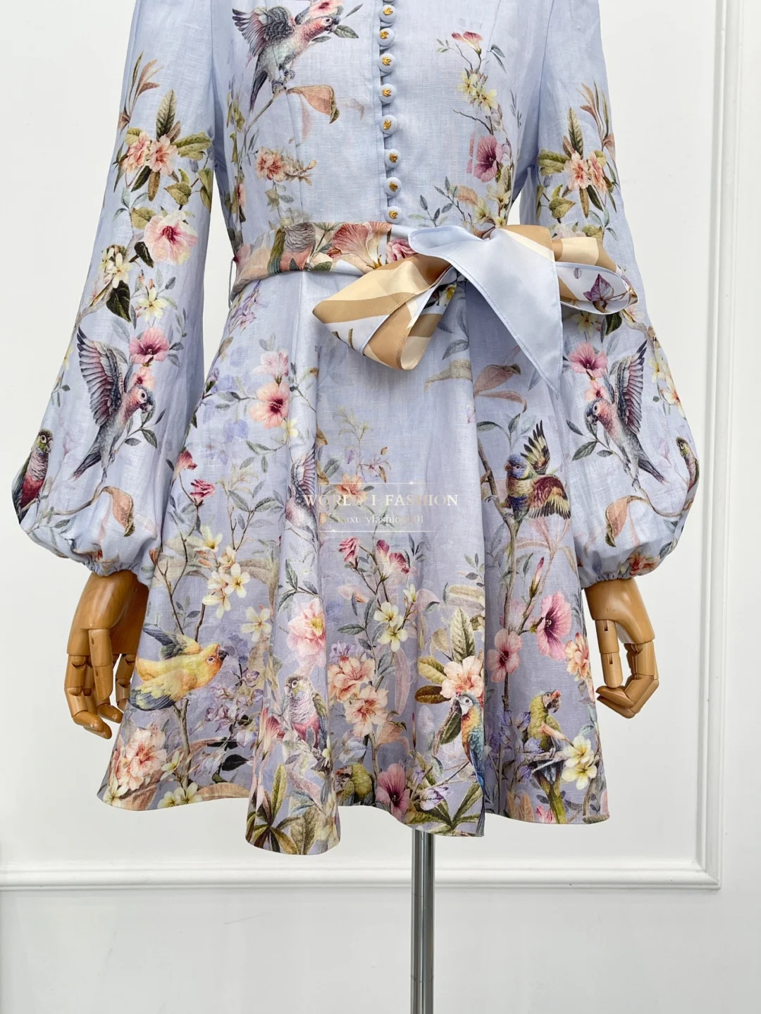 2025 Women New Fashion Blue Floral Print Long Sleeve Mini Dress