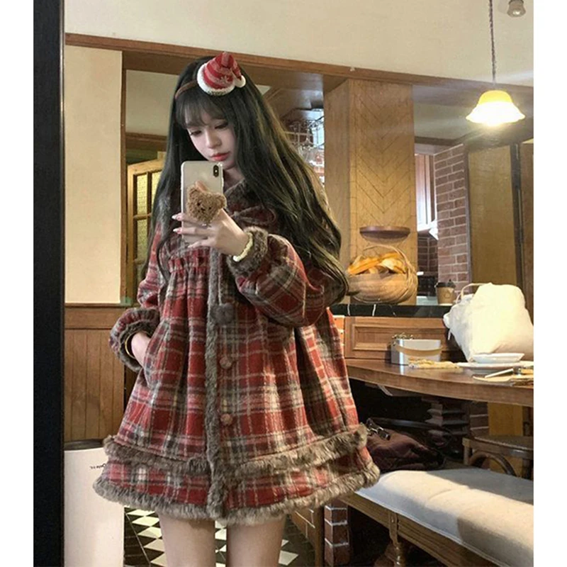 

MEXZT винтажные полушерстяные пальто женские рождественские стеганые шерстяные куртки в клетку милые корейские верхняя одежда с длинными рукавами зимнее пальто