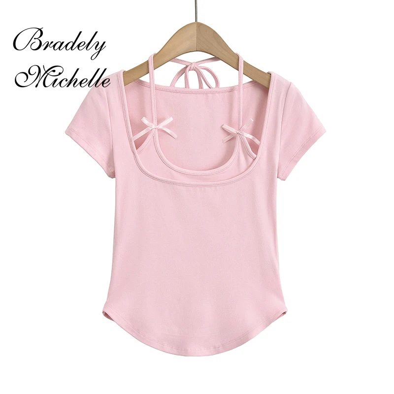 Hanging Neck Bow Short Sleeve New Solid Women Tops Sexy Pullover Bottoming Blouses T-shirt