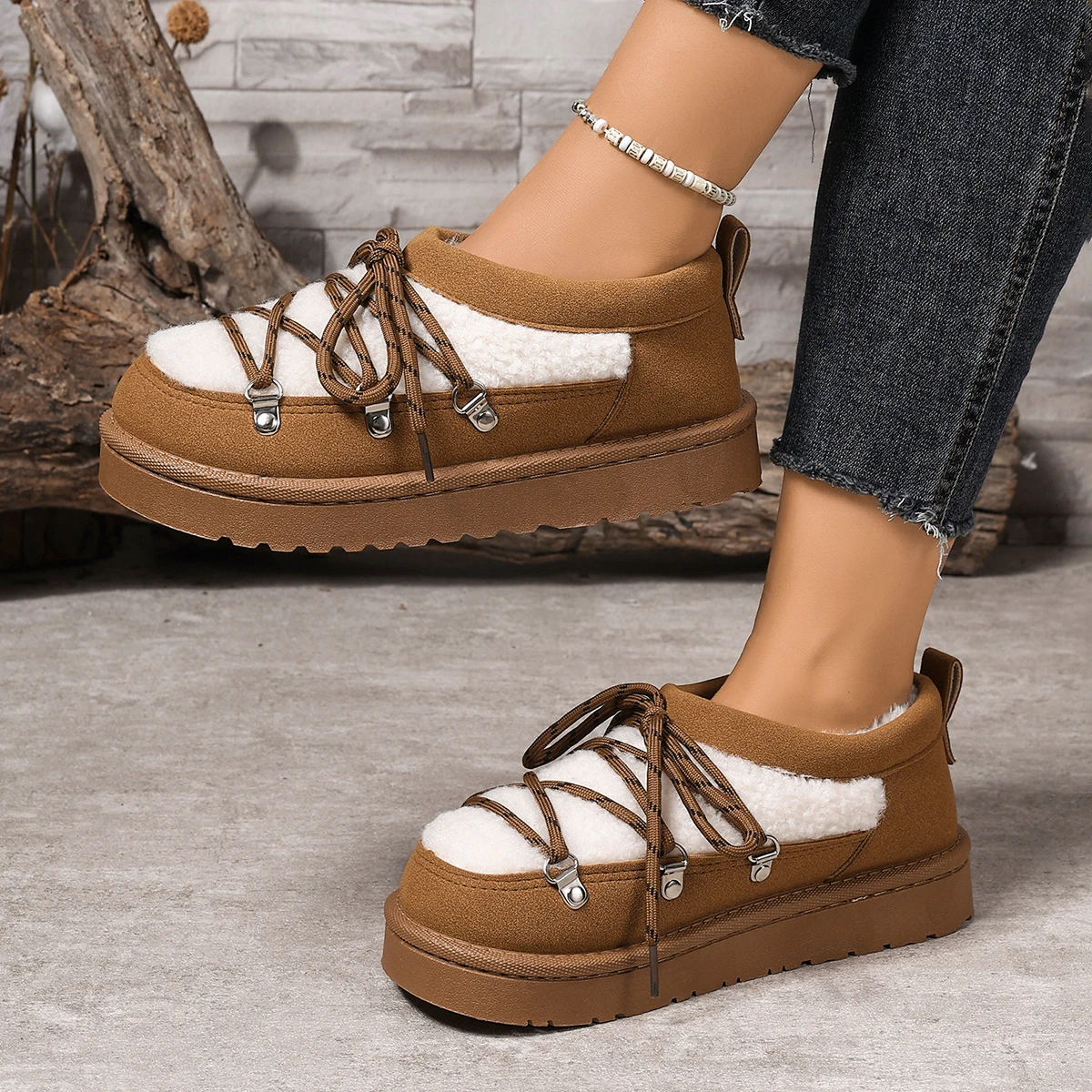 Botas de nieve de invierno de caña baja, botas sin cordones a la moda para mujer, botas cálidas con parte inferior gruesa, botas de mujer con suela de goma y punta redonda