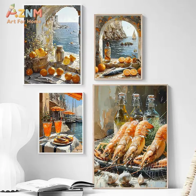 AZNM Mediterranean Coastal Canvas Print Vintage Oil Painting Seafood Shrimp Seaside Town Ocean View European Village Wall Poster