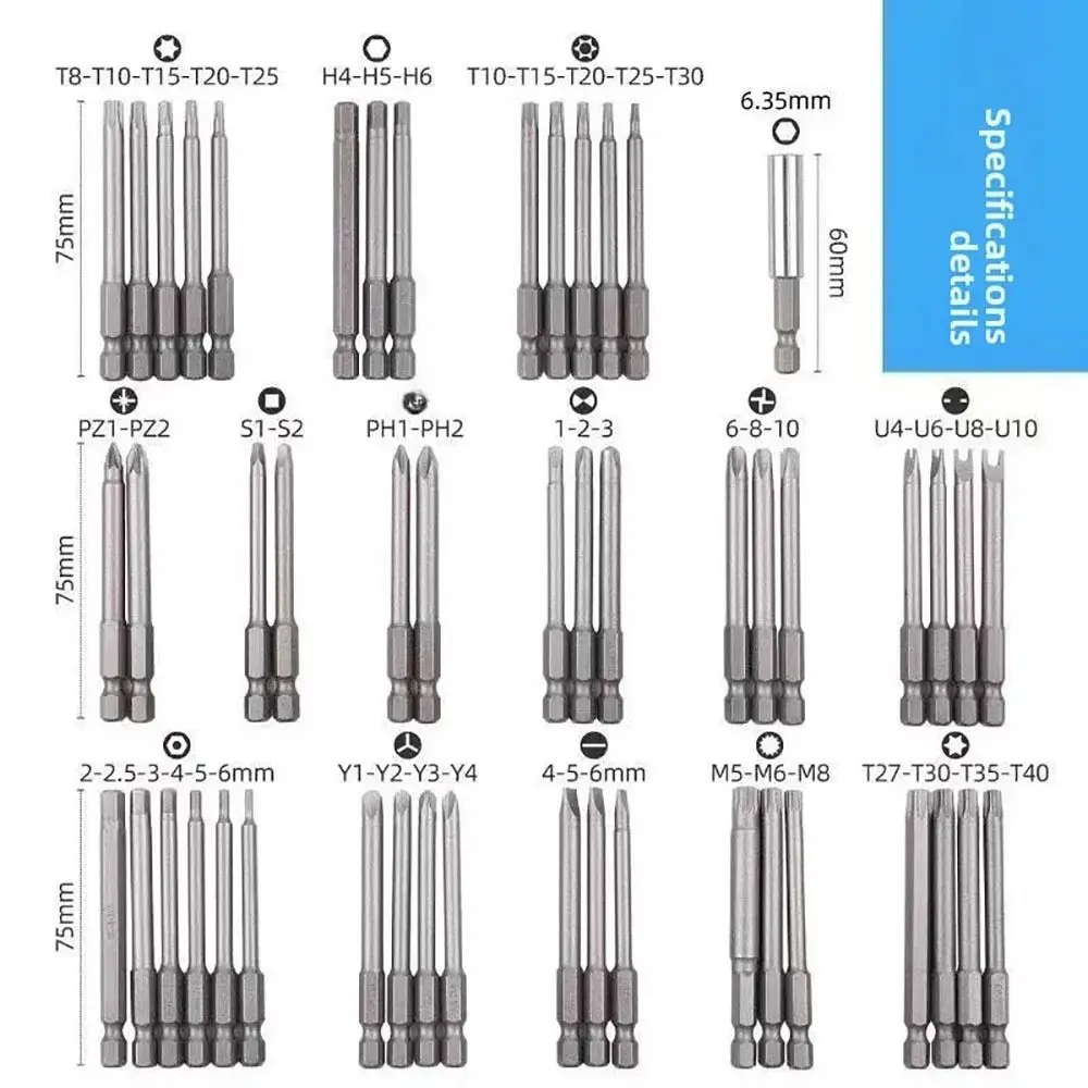 50/36Pcs Extra Long Long Screwdriver Bit Set 1/4 Head Magnetlc Electric Screwdriver Set 75mm Multi-specification