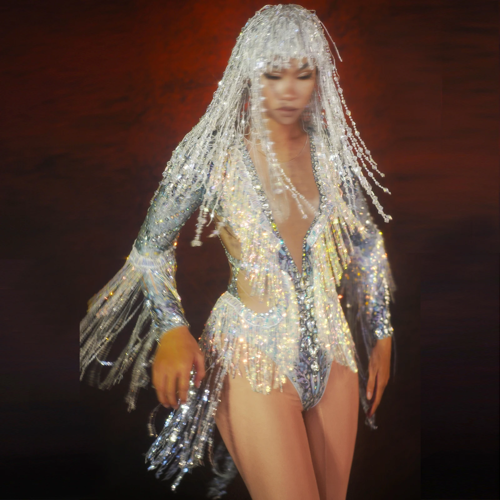 

Sparkly Rhinestones Sequin Fringes Bodysuit Stretch Long Sleeve Dance Leotard Nightclub Ds Singer Costume Partyshowstageclothing