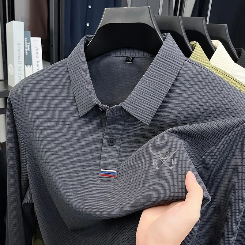 Neues Herren-Polohemd mit modischem Print, Original Frühling-Herbst, warmes, einfarbiges Langarm-T-Shirt, bequem für den Alltag, Büro, Herrenbekleidung – Detail 8
