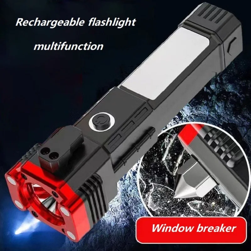 

LED multifunction Flashlight outdoor camping Car safety hammer light USB rechargeable flashlight car window escape device