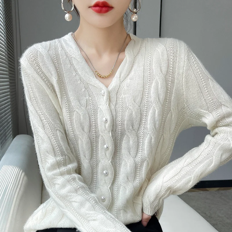 2023 Autumn And Winter New Wool Cardigan Female V-Neck Long-Sleeved Twisted Loose Pearl Button Sweater Bottoming Sweater Coat.