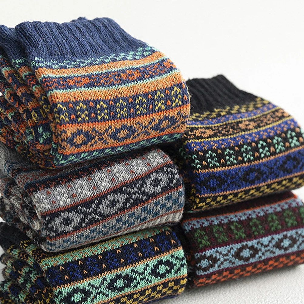 5Pairs Women Socks National Style Warm Wool Socks Vintage Winter Mid-Calf Length Soft Breathable Durable Practical