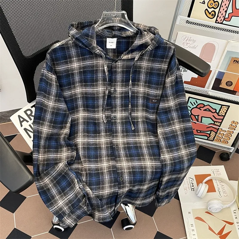 

Loose Fit Plaid irt Men's Long Sve Spring Thin Casual Coat American Street Sle Vintage Lazy irt Hooded Button up