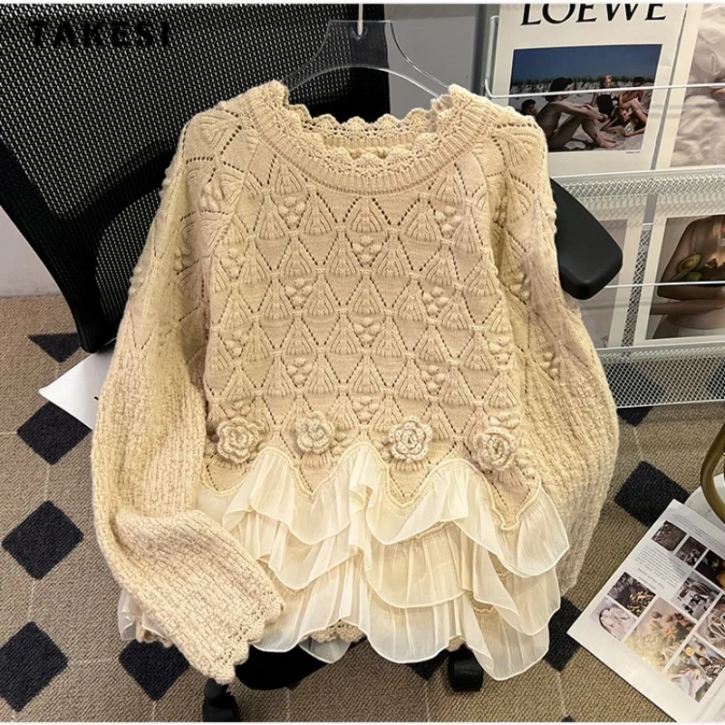 Women\'s Vintage Elegant Knitting Long Sleeve Lace Pullovers 2023 Autumn Winter Round Neck Patchwork Ladies Loose Sweater Top