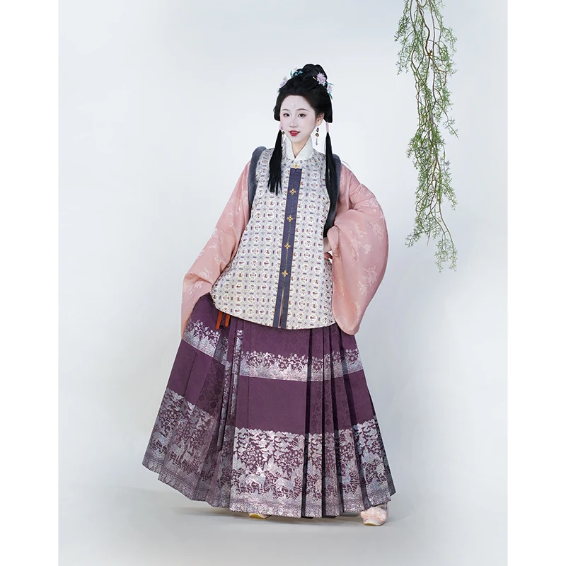 4 Colors Hanfu Woven Gold Satin Ming Made 4.5 Meters Pleated Horse Face Vest Skirt Traditional Chinese Clothing for Women Hanfu