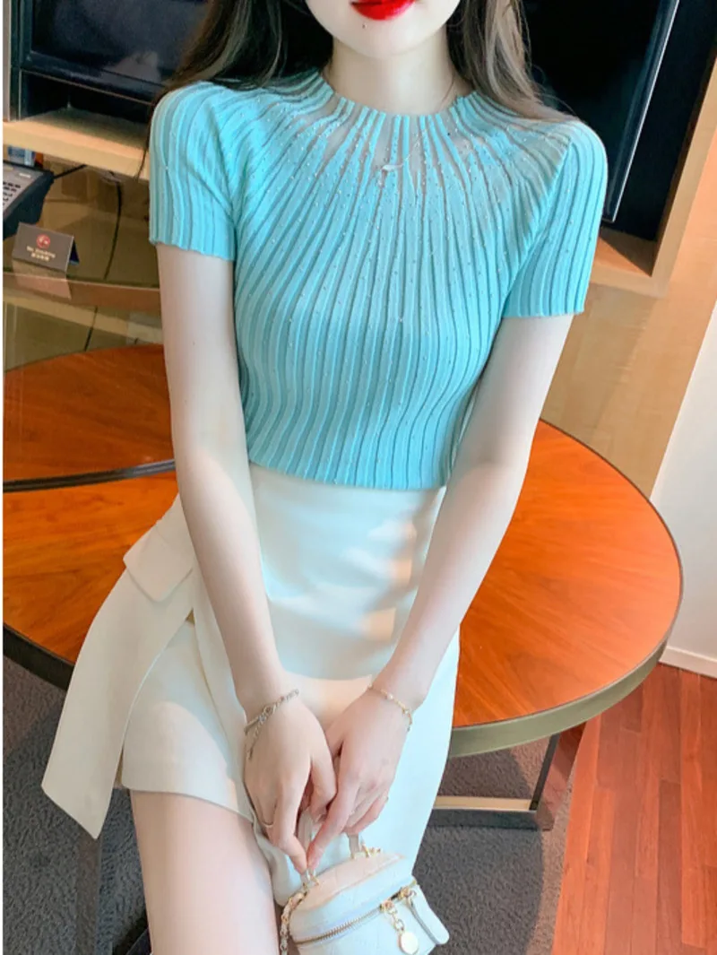 2024 Summer New Mesh Spliced Short sleeved T-shirt for Women's Heavy Industry Diamond Inlaid Hollow Bottom Knitted Shirt YKXX