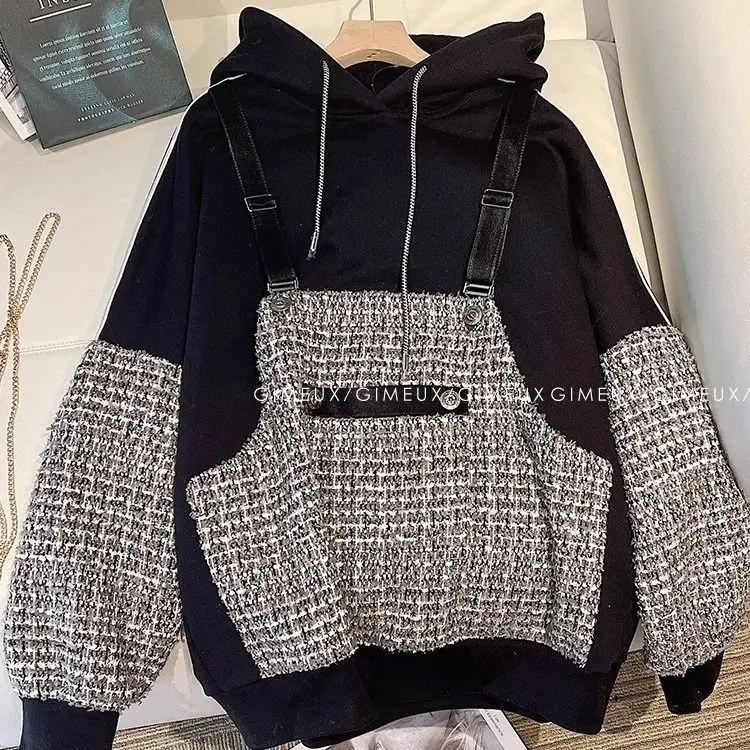 

Designed spliced hooded sweatshirt for women trendy autumn and winter large size pounds loose slimming long-sleeved top ins Y2K