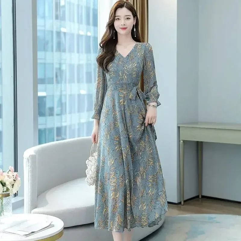 Cross-border 2021 Autumn New Large Slimming Medium-length Waist-fitted Women's Dress For Middle-aged Mothers Long Dress