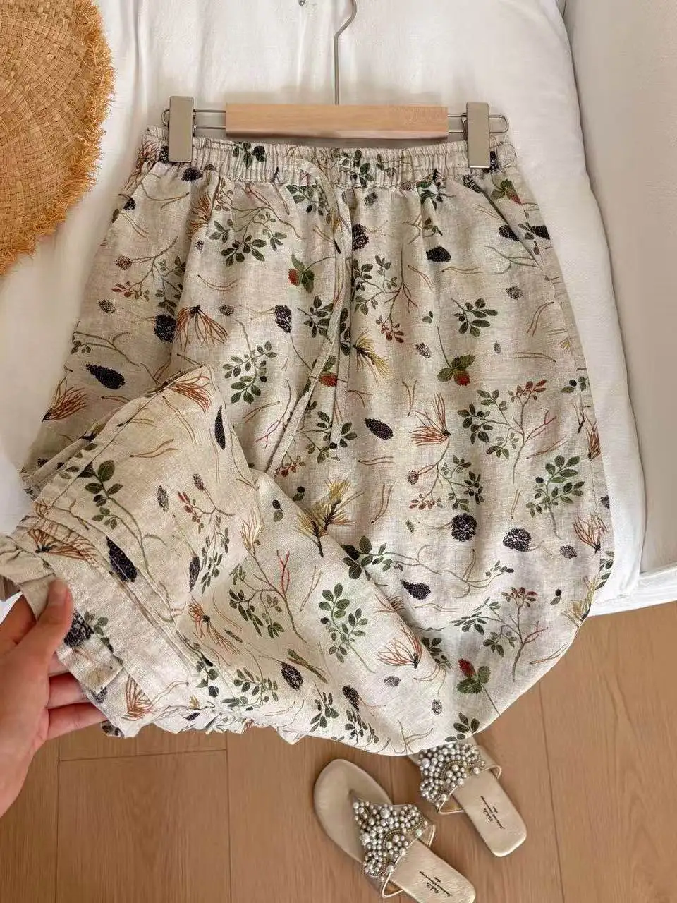 Retro Floral Cotton Linen Half Skirt Women's Summer Fashionable Versatile Elastic Waist Slimming Belted A-Line Skirt