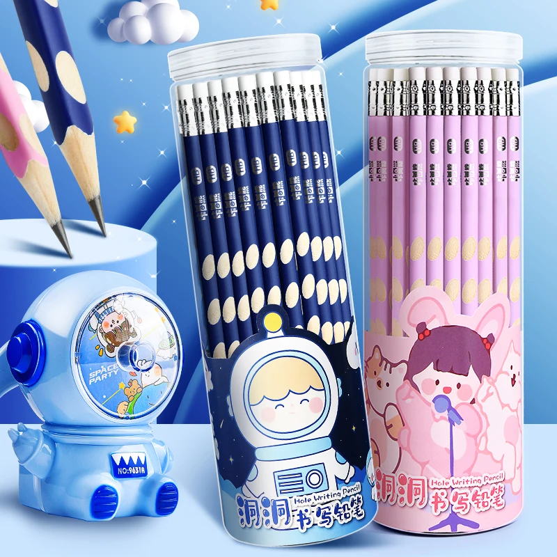 

12 50 Wooden Kawaii Hole Pencils Cartoon Sketch Rubber Pointless for School Supplies Stationery Office Students Durable Gift Set