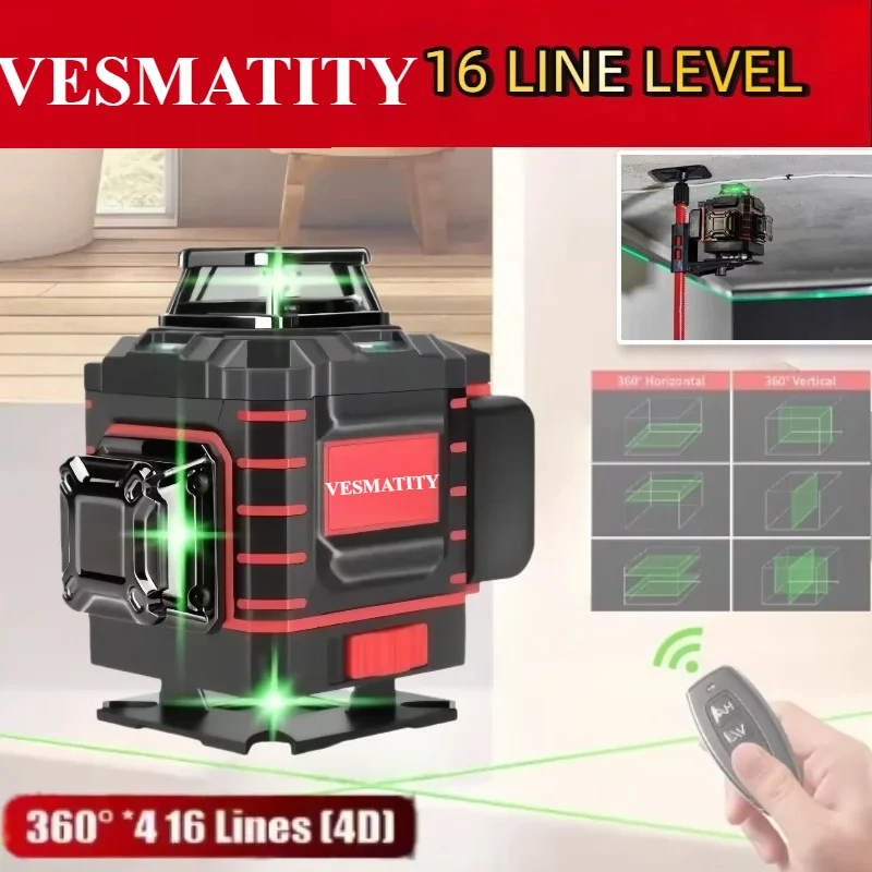 4 Sides*360 Degree Vertical Laser Level Green Beam Self-leveling Vertical 16 Lines Cross Line Lase Tool with Battery