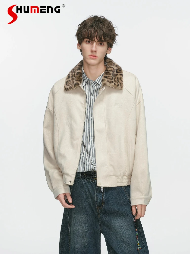 

Men's American Style Fashion Coats Trendy Detachable Leopard Print Faux Fur Collar Jackets Men's 2025 Autumn New Tooling Jackets