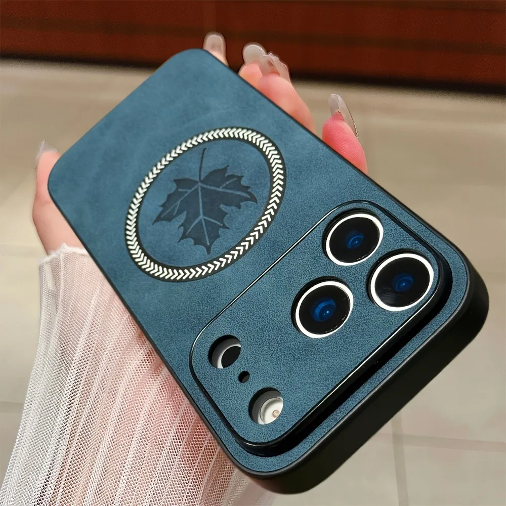Magnetic Leather Maple Leaf Phone Case For iPhone 17 12 15 13 14 16 Pro Max Plus 17Pro 17 Air For Magsafe Wireless Charge Cover