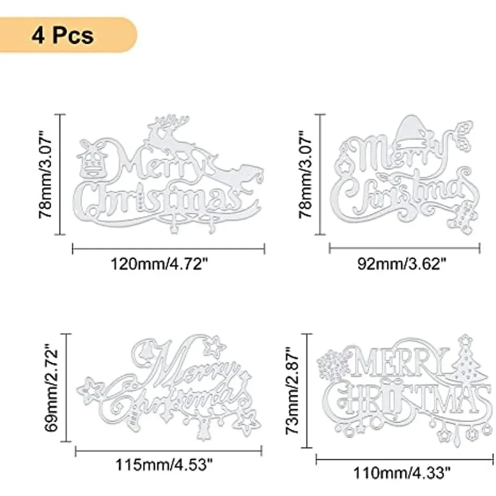 4pcs Large Merry Christmas Metal Cutting Dies Stencils Christmas Blessing Words for DIY Scrapbooking Album DecorativeCard Making