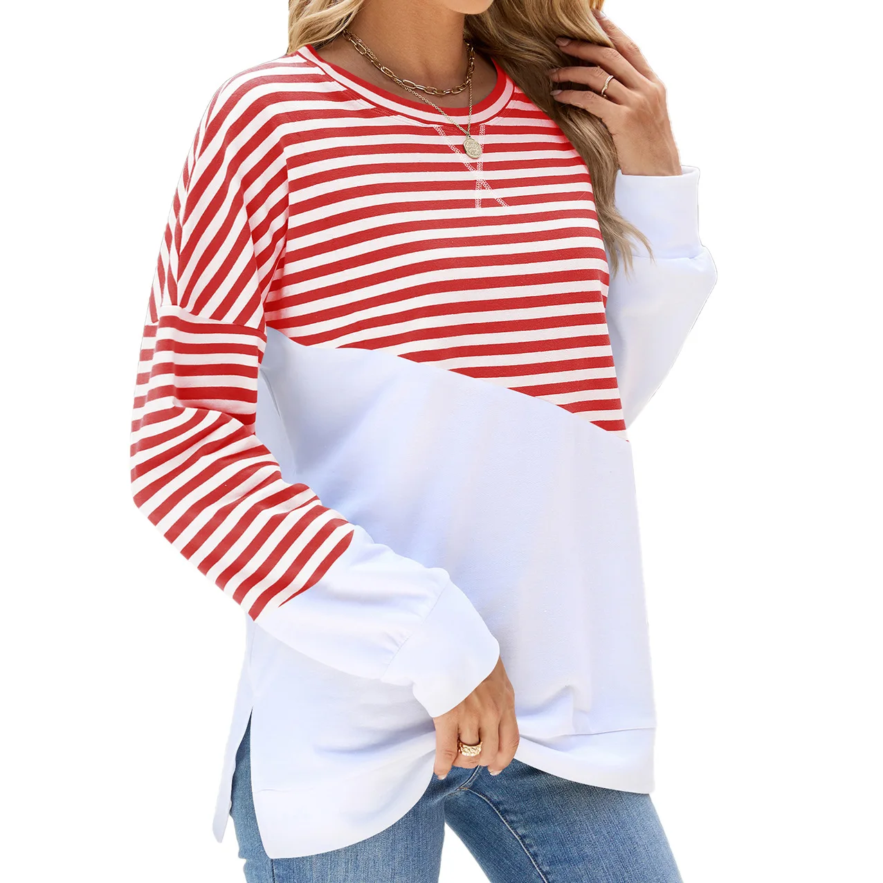 Autumn Winter Commuter Women Casual Striped Color Contrast Round Neck Pullover Loose Long Sleeve Hoodie Women's Top