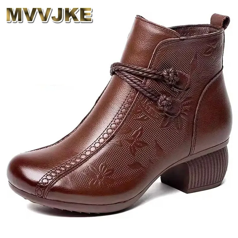 5 سنتيمتر جلد طبيعي Bossed الأحذية حذاء بكعب سميك الجوارب البريدي الخريف الشتاء كعب العرقية الكاحل النساء أحذية الربيع الموضة